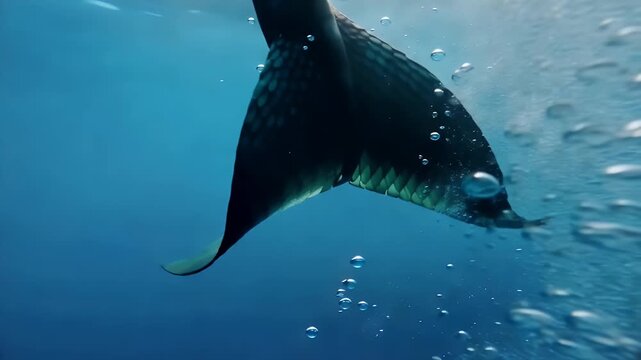 Cinematic underwater shot of a whale fluke diving deep into the blue ocean with air bubbles