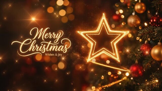 Merry Christmas typography greeting with glowing neon golden star and Christmas tree decorated with red and gold baubles and bokeh lights concept.
