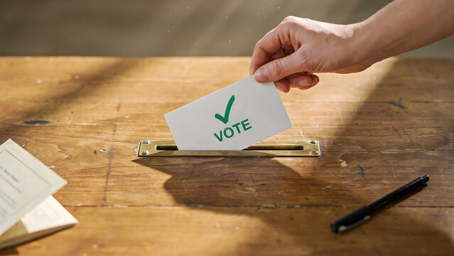 Hand placing a vote card into a ballot box during an election