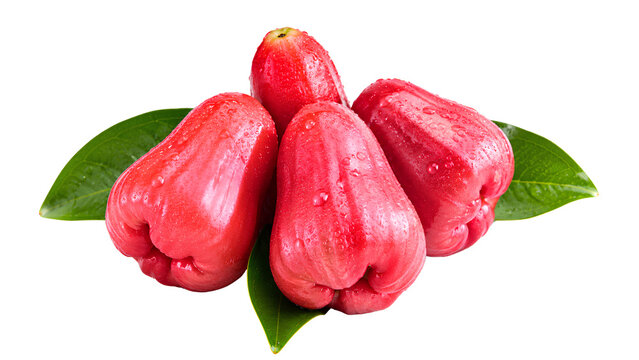 Fresh Red Rose Apple Fruit with Green Leaves Isolated on Transparent Background