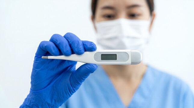 Healthcare worker in protective mask and gloves showing digital thermometer for COVID-19 screening