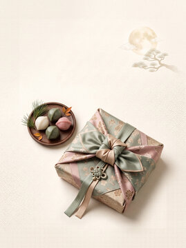 Elegant Korean Chuseok design card featuring a beautifully folded traditional bojagi wrapping, small songpyeon.