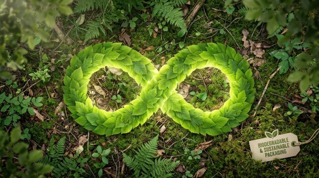 Infinity sign made of green leaves on forest moss and fern background