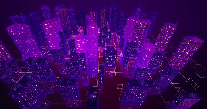 Smart urban city grid visualization showing high speed internet and server data. Technology related 3D animation.