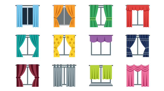 Set of colorful window curtains in flat vector style