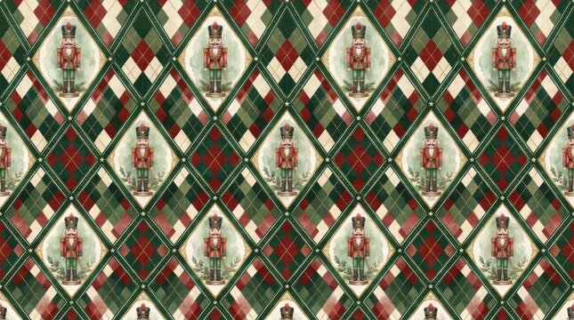 Seamless Christmas wrapping paper pattern with nutcrackers and argyle
