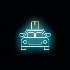 Fototapeta premium Delivery car carrying a package on its roof in a glowing neon style