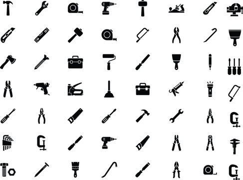 Tools and Hardware Icon Set &ndash; Black Glyph Collection of Hammer, Wrench, Drill, Screwdriver, Saw, Pliers, Axe, Tape Measure, Toolbox, Paint Brush, Repair and Construction Equipment Symbols