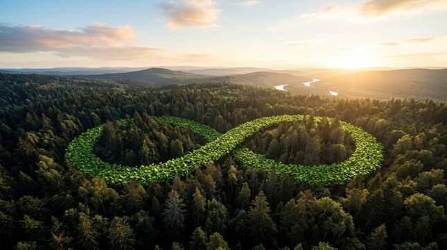 Aerial view of an infinity symbol made of green leaves in a forest