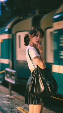 Stylish young Asian woman standing on a train platform with a black handbag as a train passes behind her, cinematic urban fashion and travel lifestyle portrait