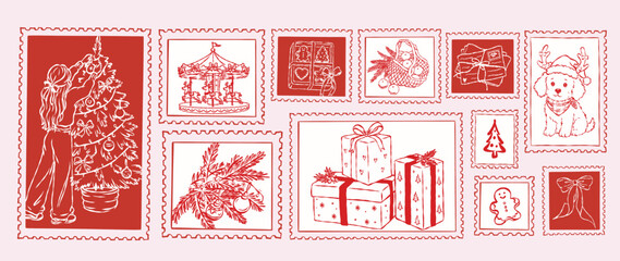Naklejka premium Christmas postage stamp collection with festive hand drawn illustrations. Holiday set with gifts, Christmas tree, ornaments, gingerbread, carousel, dog and winter decorations