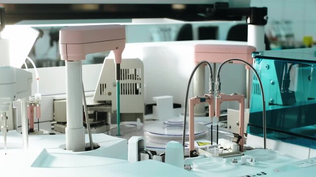 Close frontal view of automated laboratory machinery with glossy white surfaces, compact pink robotic heads, metal tubing, and cyan reflections, set inside sterile high-tech workspace with