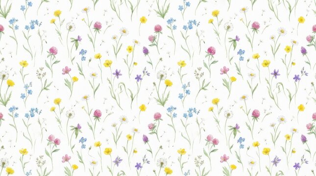 Watercolor seamless pattern with wildflowers daisies and clovers
