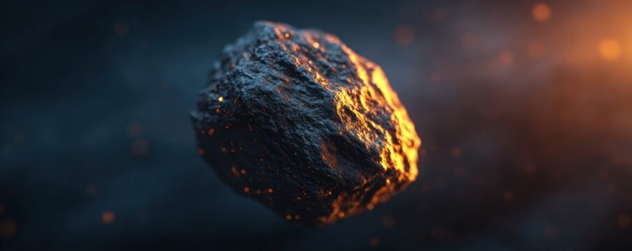 Floating dark asteroid in deep space with glowing golden light particles representing cosmic mystery and vast frontier of space exploration digital illustration