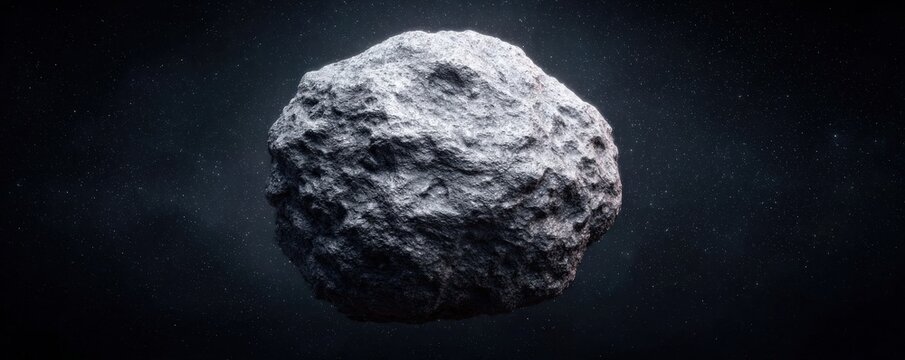 Large grey asteroid floating in deep space with rocky cratered surface representing cosmic exploration and study of celestial bodies in our universe digital illustration