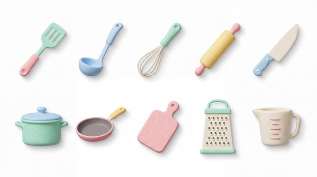Pastel kitchen utensils set, 10 miniature cooking tools on white background, cute plastic toy cookware for children play
