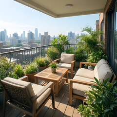 Obraz premium Urban lifestyle and city living, modern apartment balcony with outdoor furniture and potted plants overlooking a metropolitan skyline at daytime