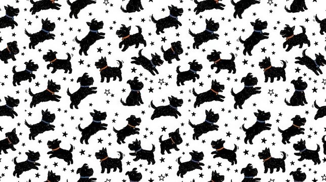 Seamless pattern with cute black Scottish terrier dogs and stars