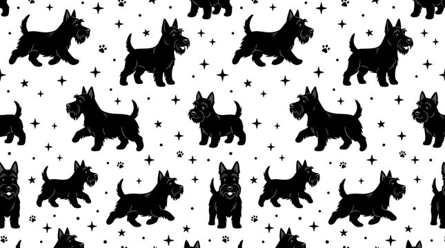 Seamless pattern with cute black Scottish Terrier dogs and stars
