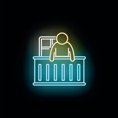 Obraz premium Person enjoying leisure time on an apartment balcony, glowing in neon light on a dark background