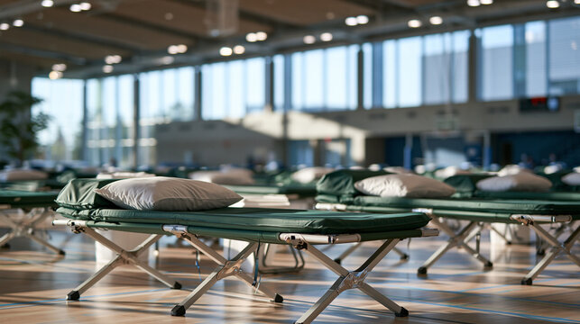 Commercial photography from a low-angle perspective looking across rows of neatly arranged emergency cots inside a spacious indoor sports hall. Soft sunlight filtering through high