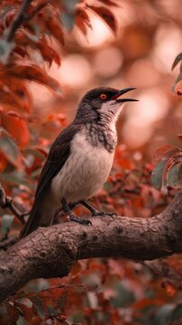 Cuckoo bird with a dark bill resting in a tree while vocalizing