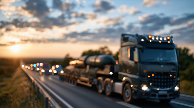 Panoramic stock image of a heavy military logistics truck with a sand-lined flatbed carrying a secured disarmed bomb, driving out of a restricted zone. Escorted by emergency vehicl