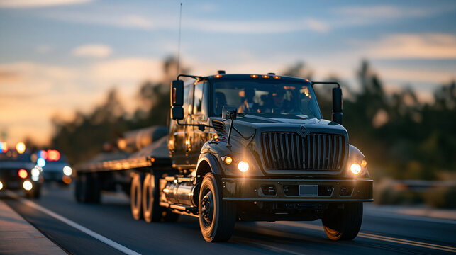 Panoramic stock image of a heavy military logistics truck with a sand-lined flatbed carrying a secured disarmed bomb, driving out of a restricted zone. Escorted by emergency vehicl
