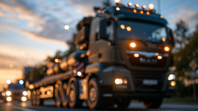 Panoramic stock image of a heavy military logistics truck with a sand-lined flatbed carrying a secured disarmed bomb, driving out of a restricted zone. Escorted by emergency vehicl