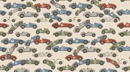 Fototapeta premium Vintage racing cars pattern with colorful retro vehicles illustration