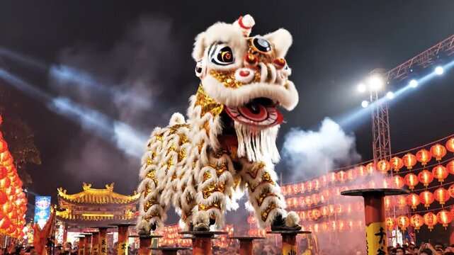 Traditional lion dance performance on high poles at night