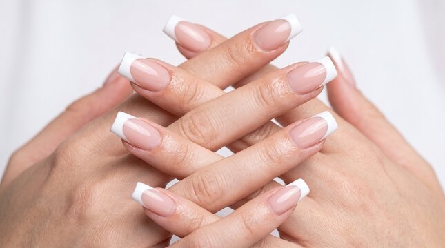 Manicured hands featuring a classic french manicure with long square tips and polished gel coating showcased in soft natural lighting for a clean beauty look