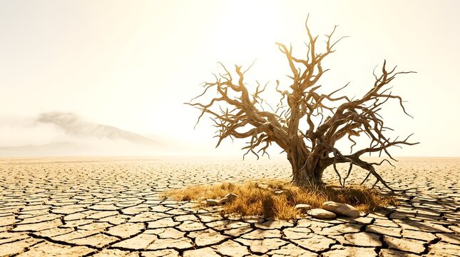 Dry Dead Tree in Cracked Desert Ground at Sunrise