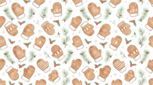 Seamless Pattern with Christmas Gingerbread Cookies and Pine Branches