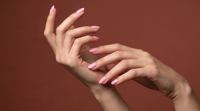 Elegant female hands with soft pink almond shaped manicured nails pose gracefully against a warm earth toned studio background captured in high resolution sharp photographic detail.