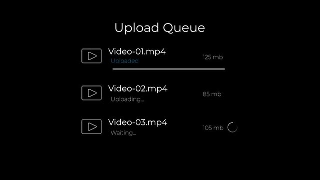 video upload queue screen animation showing uploaded uploading and waiting status with file sizes.