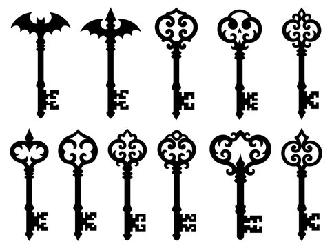 Collection of Antique Skeleton Keys with Ornate Designs Isolated