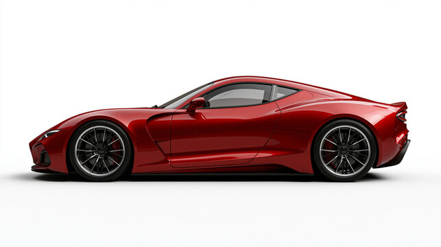 A sleek modern red sports car parked in profile view, isolated on white background. Automotive design concept for luxury car advertising.