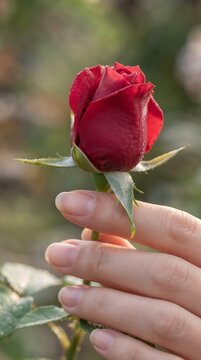 A luxurious burgundy rose in hand: a delicate bud against a blurred garden background, an atmosphere of warmth and romance. Perfect for postcards and messages about feelings.