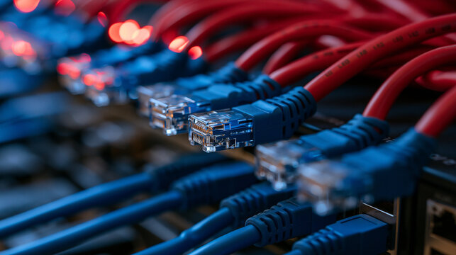 Red and blue ethernet cables plugged into a network switch with glowing lights. Ideal for IT infrastructure and connectivity themes.