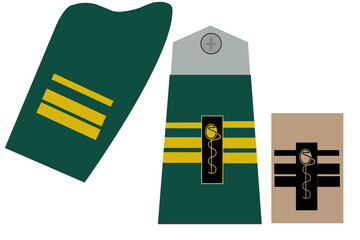 Fototapeta premium Galon de passant d'épaule de cérémonie et galon de poitrine sur tenue de campagne du service médical de l'armée belge. Officiers généraux: Général de brigade