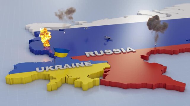 An illustration on a map showing drone attacks and explosions on Russian territory carried out from Ukraine. 3D render.
