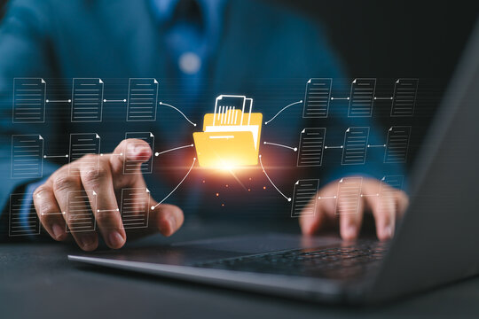 Document Management System concept. Enterprise content management, Digital asset management, Document imaging, Workflow, Records management, Online document file data software for efficient archiving.