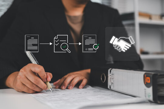 Procurement process management, Digital and paper document approval, contract verification, supplier negotiation, and business purchasing operations using laptop and paper in office environment