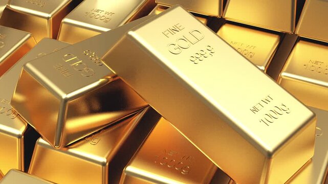 Closeup view of piled gold bullion bars with one silver ingot as the camera subtly moves across reflective precious metal surfaces in a luxury finance themed 3D animation