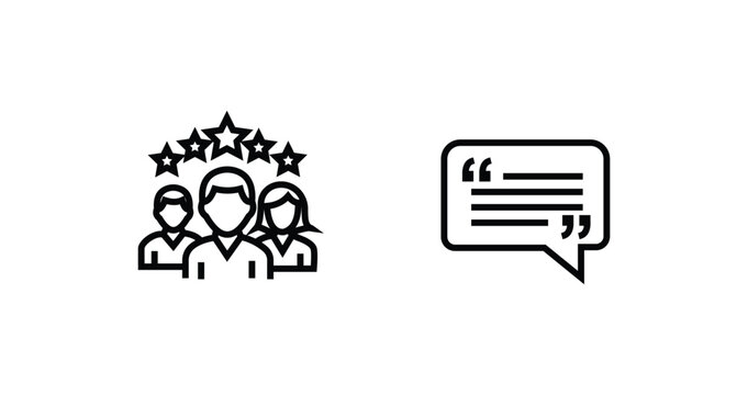 Customer testimonial and social proof icon set with group rating and quotation speech bubble symbols