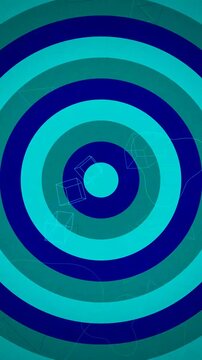 Abstract blue and teal concentric circles pulse with floating geometric wireframe cubes.