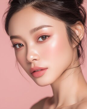 Elegant East Asian woman with luminous skin and soft pink makeup posing against a pastel studio background, showcasing radiant complexion and refined beauty for skincare and cosmetics advertising