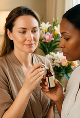 Obraz premium Skincare consultation and beauty treatment, diverse women applying organic facial serum with dropper in a spa or wellness clinic for healthy skin care