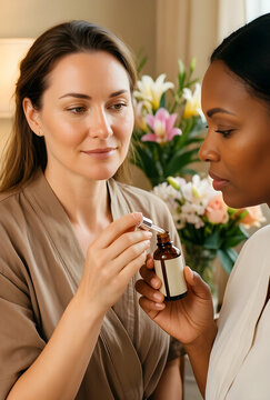Skincare consultation and beauty treatment, diverse women applying organic facial serum with dropper in a spa or wellness clinic for healthy skin care
